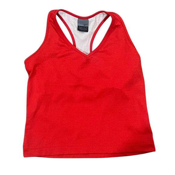 NIKE Cropped Workout Top Womens Size Medium Red V Neck Mesh Lined Athletic - Picture 1 of 8